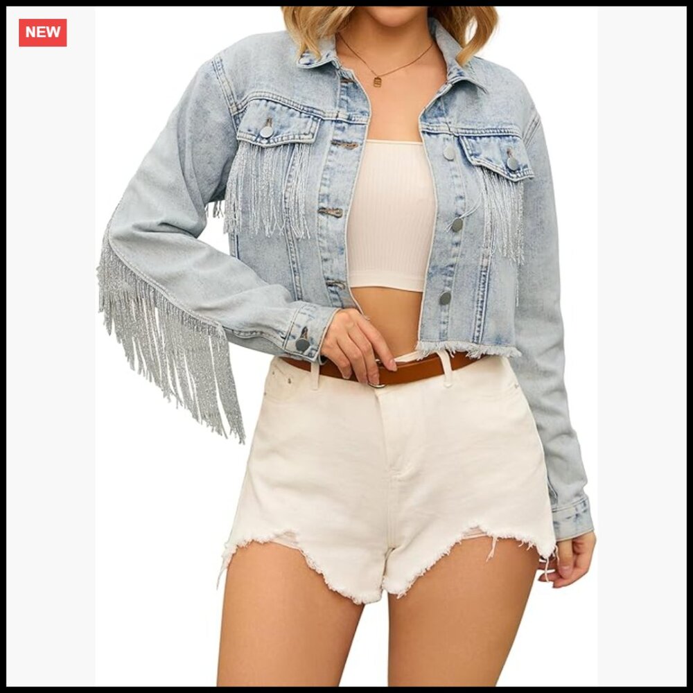 Cropped Denim Jacket Western Fringe Tassel Frayed Y2K Chic Casual